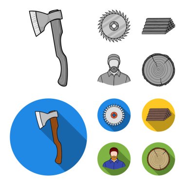 Daire gördüm, bir çalışma marangoz, günlükleri bir yığın. Kereste ve ahşap tek renkli, düz stil vektör simge stok çizim web simgeler ayarla.