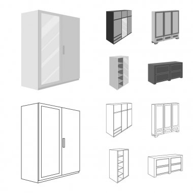 İle mezzanines ile raf ayna, dolap, dolap. Yatak Odası Mobilya toplama simgeler anahat, tek renkli stil vektör simge stok çizim web ayarla..
