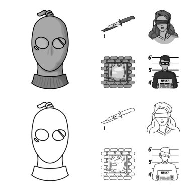 Bir hırsız bir maske, kanlı bir bıçak, bir rehine, hapishaneden kaçış. Suç toplama simgeler anahat, tek renkli stil vektör simge stok çizim web ayarla..