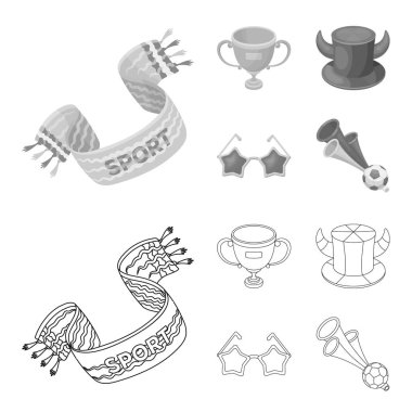 Bir eşarp, boynuzları olan bir şapka ve diğer öznitelikleri fanlar. Hayranları toplama simgeler anahat, tek renkli stil vektör simge stok çizim web ayarla..