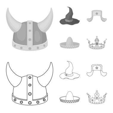 Sombrero şapkasıyla kulak-flep, Viking kask. Şapka koleksiyonu simgeleri anahat, tek renkli stil vektör simge stok çizim web ayarla..