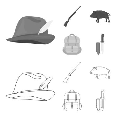 A hunting hat with a feather, a wild boar, a rifle, a backpack with things.Hunting set collection icons in outline,monochrome style vector symbol stock illustration web.