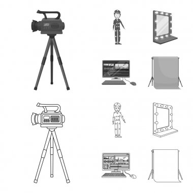 Bir film kamera, özel efektler için bir takım elbise ve diğer ekipmanlar. Anahatta koleksiyonu Icons set film yapma, tek renkli stil vektör simge stok çizimde web.