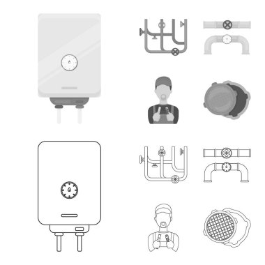 Kazan, tesisatçı, Ventile ve borular. Sıhhi tesisat toplama simgeler anahat, tek renkli stil vektör simge stok çizim web ayarla..