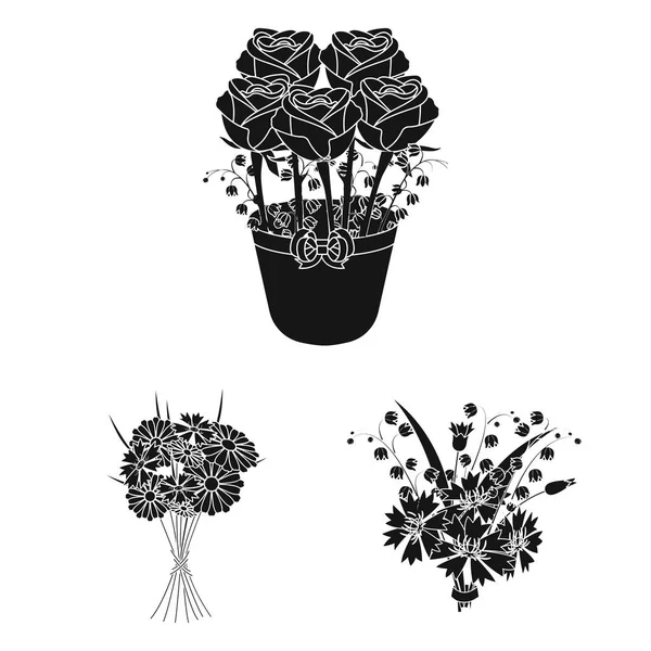 Taze çiçek bir buket siyah set koleksiyonu tasarım için simgeler. Çeşitli buketleri sembol stok web illüstrasyon vektör. — Stok Vektör