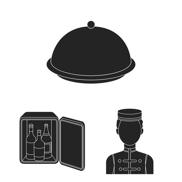 Hotel i sprzęt czarny ikony w kolekcja zestaw do projektowania. Hotel i komfort ilustracja web akcji symbol wektor. — Wektor stockowy