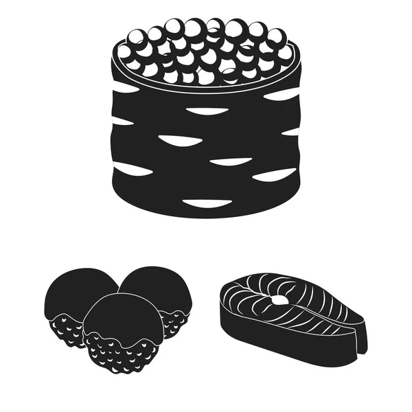 Sushi en kruiden van zwarte iconen in set collectie voor design. Schaal-en schelpdieren eten, accessoire symbool voorraad web vectorillustratie. — Stockvector