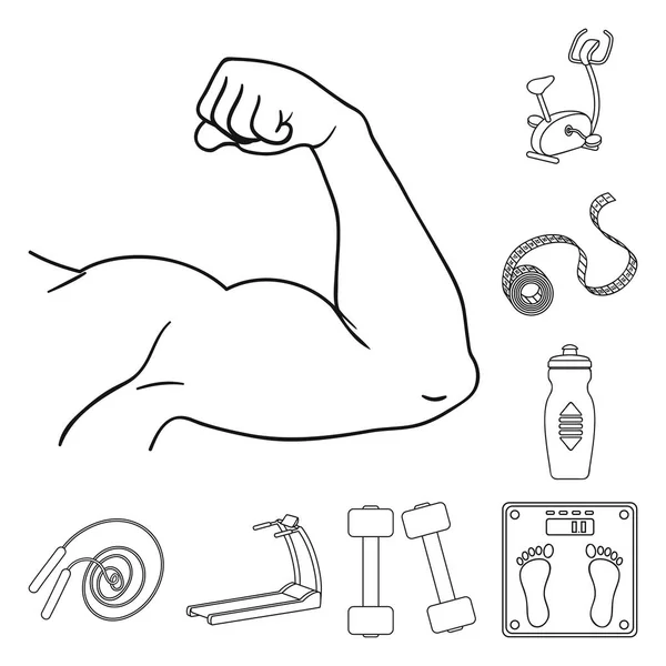 Fitness und Attribute umreißen Symbole in Set-Kollektion für Design. Fitnessgeräte Vektor Symbol Stock Web Illustration. — Stockvektor