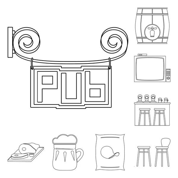 Ícones de esboço de pub, interiores e equipamentos na coleção de conjuntos para design. Álcool e vetor alimentar símbolo web ilustração . —  Vetores de Stock