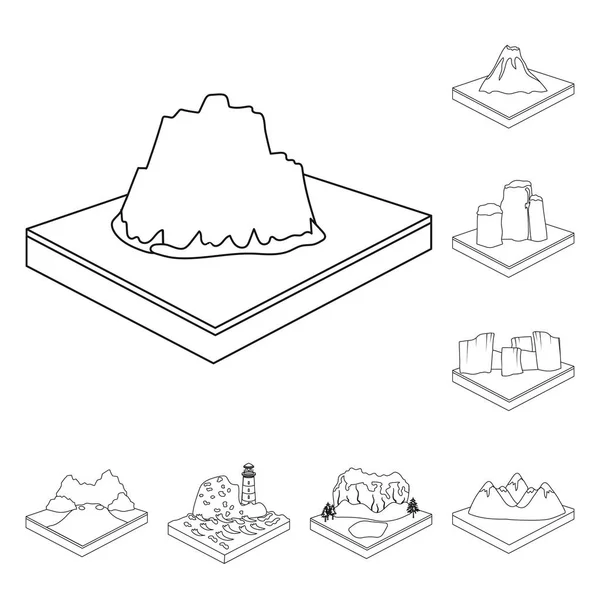 Mountains, massive outline icons in set collection for design. The surface of the earth vector isometric symbol stock web illustration. — Stock Vector