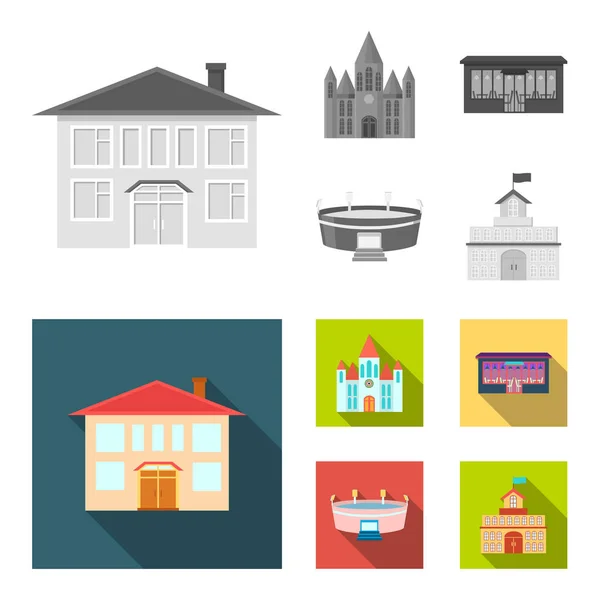 Casa de gobierno, estadio, cafetería, iglesia. Iconos de colección conjunto de construcción en monocromo, vector de estilo plano símbolo stock ilustración web . — Vector de stock