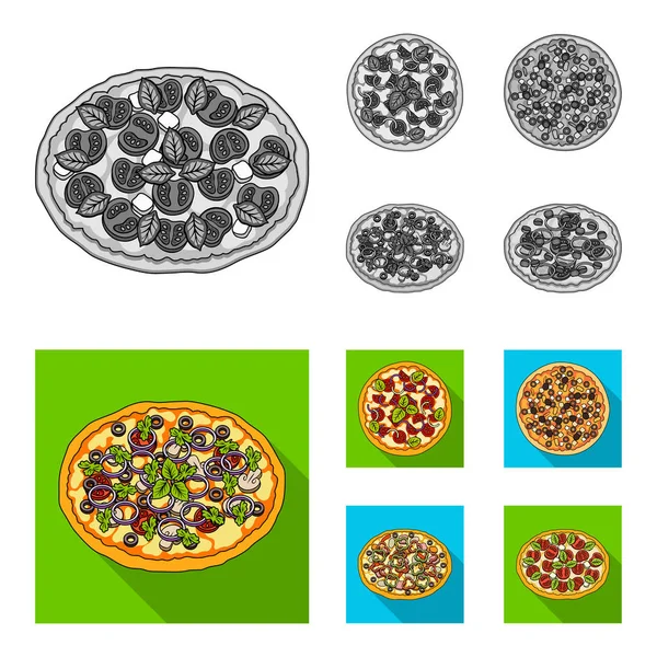 Pizza con carne, queso y otros rellenos. Diferentes iconos de la colección conjunto de pizza en monocromo, vector de estilo plano símbolo stock ilustración web . — Vector de stock