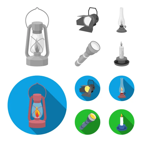 Searchlight, kerosene lamp, candle, flashlight.Light source set icons in monochrome, flat style vector symbol stock illustration web . — стоковый вектор