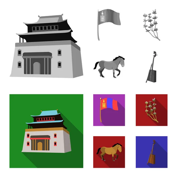 Nationale vlag, paard, muziekinstrument, steppe plant. Mongolië instellen collectie iconen in zwart-wit, vlakke stijl vector symbool stock illustratie web. — Stockvector