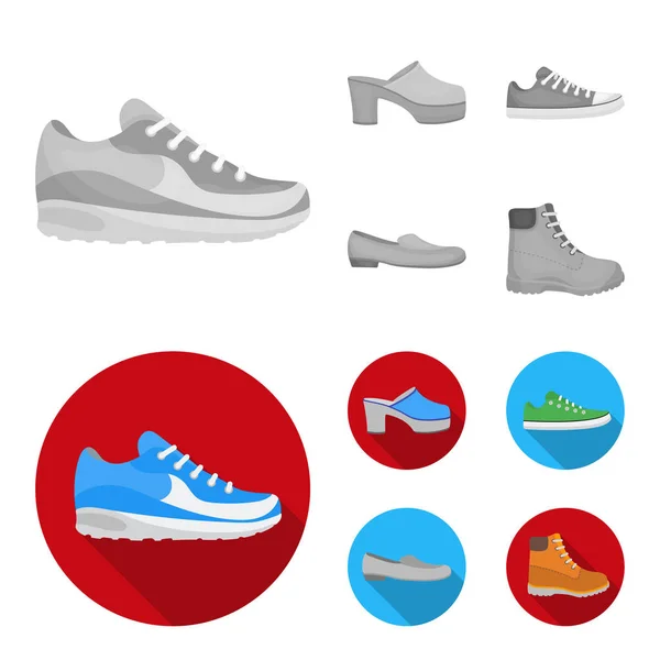 Flip-flops, clogs on a high platform and heel, green sneakers with laces, female gray ballet flats, red shoes on the tractor sole. Shoes set collection icons in monochrome,flat style vector symbol — Stock Vector