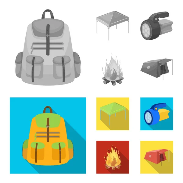 Tenda, fuoco e altre attrezzature turistiche.Tenda set icone di raccolta in monocromatico, stile piatto vettore simbolo stock illustrazione web . — Vettoriale Stock