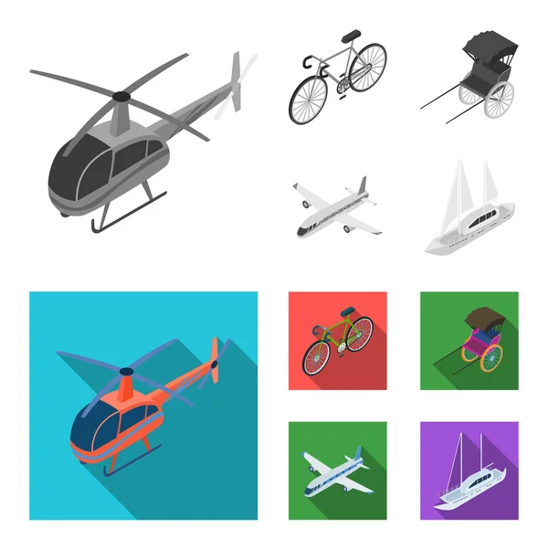 Bicycle, rickshaw, plane, yacht.Transport set collection icons in monochrome,flat style vector symbol stock illustration web. — Stock Vector