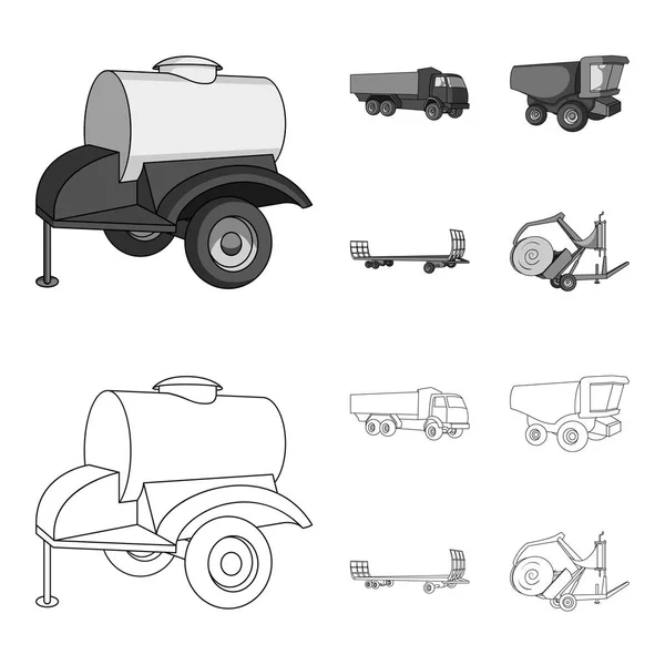 Reboque com barril, caminhão e outros dispositivos agrícolas. Conjunto de máquinas agrícolas ícones de coleção em esboço, estilo monocromático símbolo vetorial ilustração web . —  Vetores de Stock