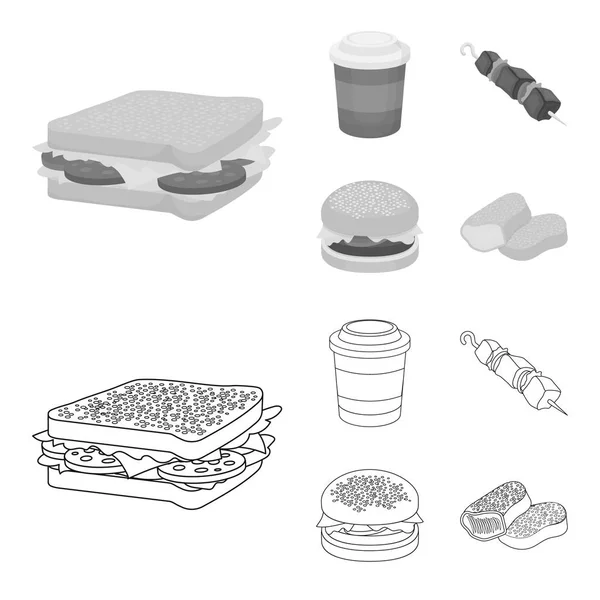 Szendvics, kávé, shish kebab, hamburger. Fast food készlet ikonok gyűjtemény vázlat, fekete-fehér stílus vektor szimbólum stock illusztráció web. — Stock Vector