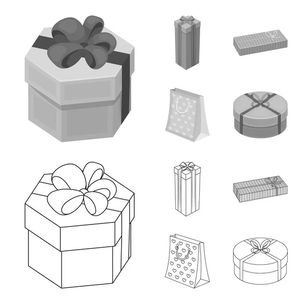Caja de regalo con arco, bolsa de regalo.Regalos y certificados conjunto de iconos de la colección en el contorno, el estilo monocromo vector símbolo stock ilustración web . — Vector de stock