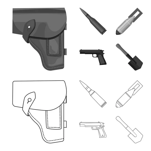 Kabury, nabój, bomb lotniczych, pistolet. Wojskowych i armii zestaw kolekcji ikon w konspekcie, www ilustracji symbol wektor styl monochromatyczny. — Wektor stockowy