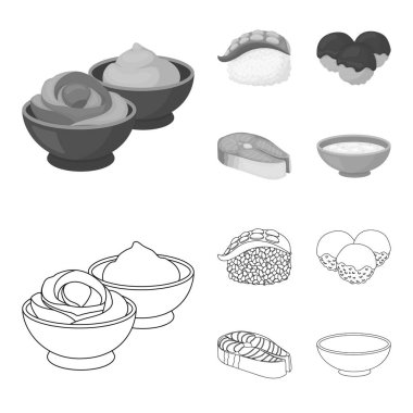 Wasabi sosu ve zencefil, somon steak, ahtapot. Suşi toplama simgeler anahat, tek renkli stil vektör simge stok çizim web ayarla..