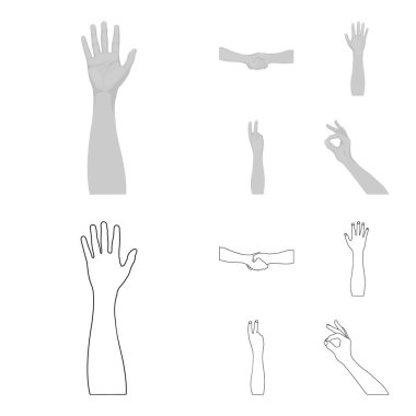 İşaret dili anahat, tek renkli simgeler toplama tasarımı için ayarlayın. Duygusal iletişim vektör simge stok web illüstrasyon parçası.