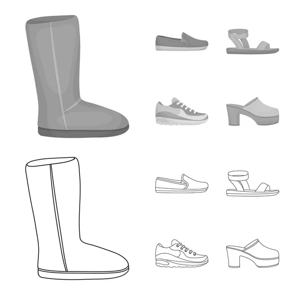 Botas ugg beige con piel, mocasines marrones con suela blanca, sandalias con cierre, zapatillas blancas y azules. Zapatos conjunto de iconos de colección en el contorno, el estilo monocromo vector símbolo stock ilustración web — Vector de stock