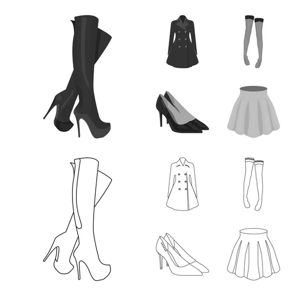Botas altas de mulheres, casacos em botões, meias com um elástico com um padrão, sapatos de salto alto. Mulheres roupas conjunto coleção ícones em esboço, estilo monocromático símbolo vetorial estoque ilustração web —  Vetores de Stock