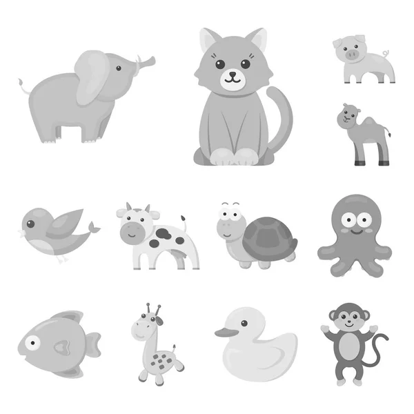 Нереалистичные монохромные иконы животных в наборе коллекции для дизайна. Векторные символы игрушек . — стоковый вектор