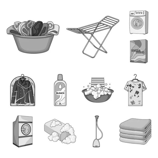 Equipo de limpieza en seco iconos monocromáticos en la colección de conjuntos para el diseño. Lavado y planchado de ropa vector símbolo stock web ilustración . — Vector de stock