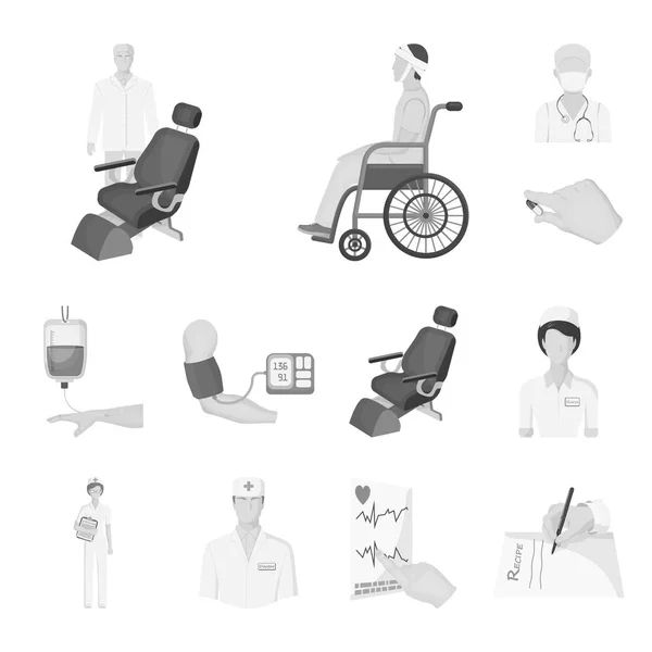 Geneesmiddelen en behandelingen zwart-wit pictogrammen in set collectie voor design. Ziekenhuis en apparatuur symbool voorraad web vectorillustratie. — Stockvector