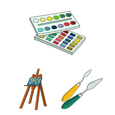 Ressam ve set koleksiyonu tasarım için çizim karikatür simgeleri. Sanatsal aksesuarları sembol stok web illüstrasyon vektör.