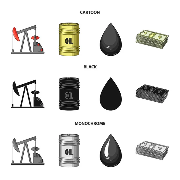 Pumpe, Barrel, Tropfen, Petrodollars. Öl Set Sammlung Symbole in Cartoon, schwarz, monochromen Stil Vektor Symbol Stock Illustration Web. — Stockvektor