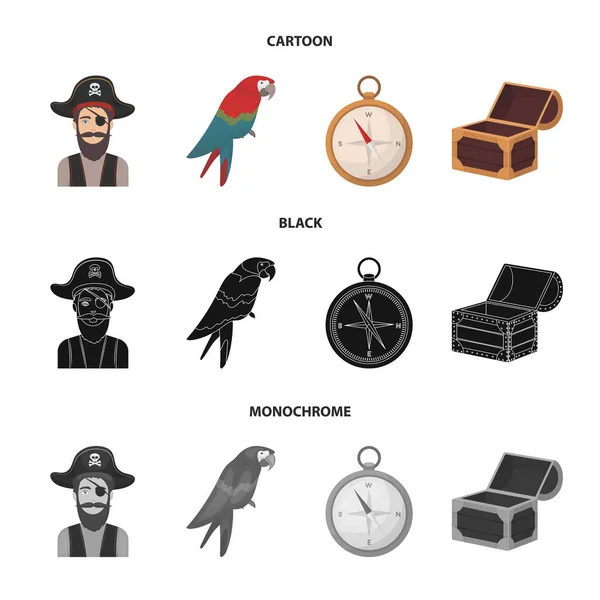 Pirate, bandit, chapeau, bandage .Pirates mis icônes de la collection dans la bande dessinée, noir, monochrome style vectoriel symbole illustration web . — Image vectorielle