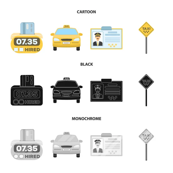 El mostrador de la tarifa en el taxi, el taxi, la placa del conductor, el estacionamiento del coche. Taxi set colección iconos en dibujos animados, negro, estilo monocromo vector símbolo stock ilustración web . — Vector de stock