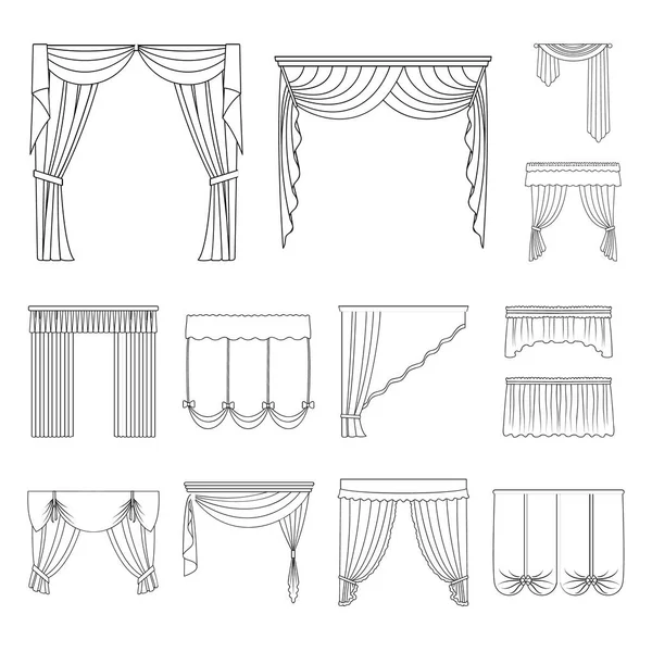Diferentes tipos de cortinas esbozan iconos en la colección de conjuntos para el diseño. Cortinas y lambrequines vector símbolo stock web ilustración . — Archivo Imágenes Vectoriales