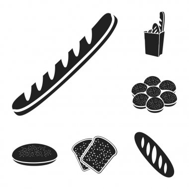 Tip-in siyah simgeler set koleksiyonu tasarım için ekmek. Pastane sembol stok web illüstrasyon vektör.