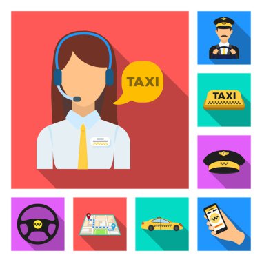 Set koleksiyonu tasarım için hizmet düz simgeler taksi. Taksi şoförü ve ulaşım vektör simge stok web çizim.