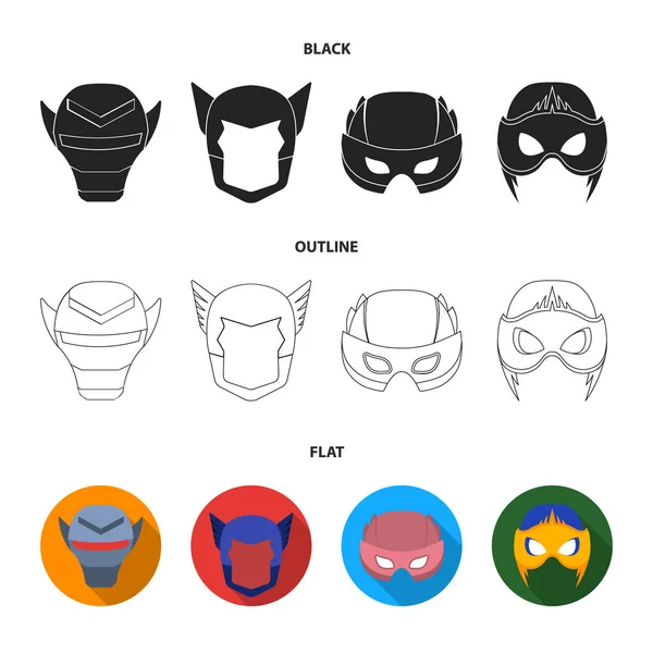 Casco, máscara en la cabeza.Máscara super héroe conjunto colección iconos en negro, plano, contorno estilo vector símbolo stock ilustración web . — Archivo Imágenes Vectoriales