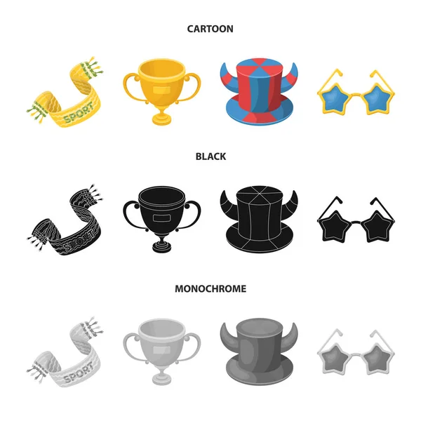 Una bufanda, un sombrero con cuernos y otros atributos de los fanáticos. Los fans establecen iconos de la colección en dibujos animados, negro, estilo monocromo vector símbolo stock ilustración web . — Vector de stock