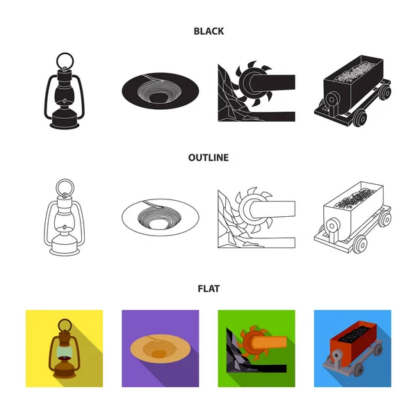 Una lámpara de minero, un embudo, una combinación de minería, un carro con ore.Mining iconos de la colección conjunto de la industria en negro, plano, contorno símbolo de estilo vector stock illustration web . — Vector de stock