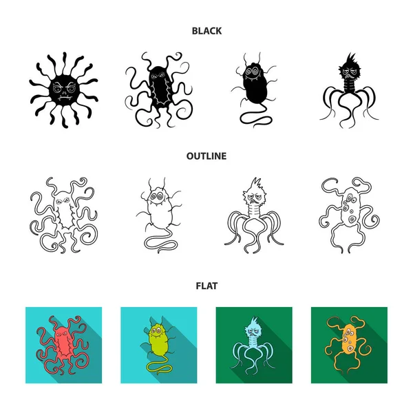 Diferentes tipos de microbios y virus. Iconos de colección de virus y bacterias en negro, plano, contorno estilo vector símbolo stock ilustración web . — Vector de stock