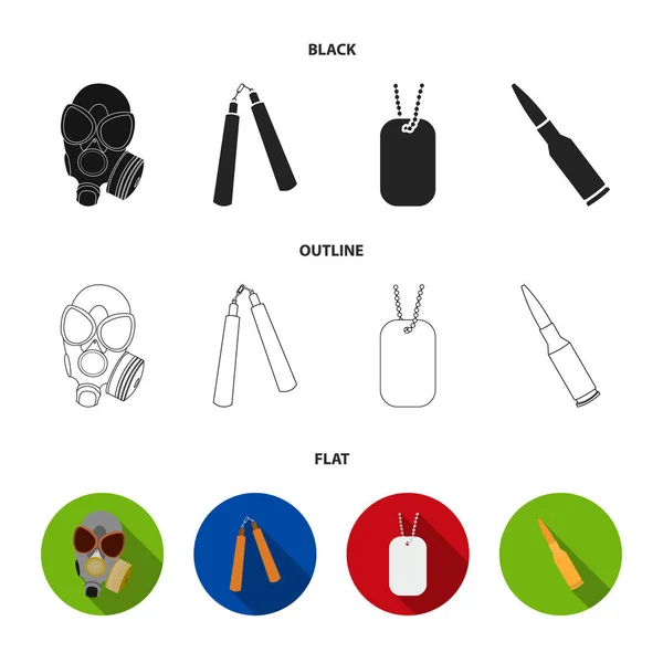 Plynovou masku, nunchak, munice, voják token. Zbraňový systém kolekce ikon v černé, ploché, osnovy styl vektor symbol skladem ilustrace web. — Stockový vektor