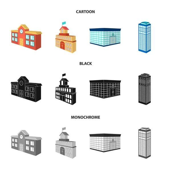 Bankbüro, Wolkenkratzer, Rathausgebäude, Hochschulgebäude. Architektur und Struktur setzen Sammlung Symbole in Cartoon, schwarz, monochromen Stil Vektor Symbol Stock Illustration Web. — Stockvektor