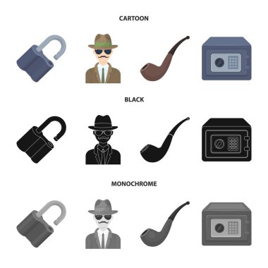 Kilit kesmek, güvenli, içilmeyen bir kanal, özel dedektif. Dedektif toplama simgeler çizgi film, siyah, tek renkli stil vektör simge stok çizim web içinde ayarla..