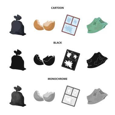 Bir çöp torbası, kırık yumurta kabuğu, yırtık bir kirli T-shirt, cam kırık pencere çerçevesi. Çöp ve çöp toplama simgeler çizgi film, siyah, tek renkli stil vektör simge stok çizim web ayarla.