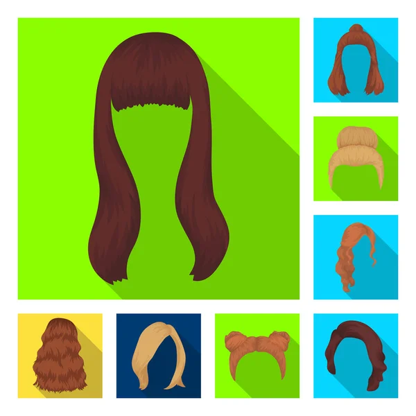 Cabeleireiro feminino ícones planos na coleção de conjuntos para design. Elegante corte de cabelo vetor símbolo web ilustração . — Vetor de Stock