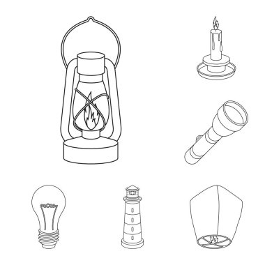 Set koleksiyonu tasarım için ışık kaynağı anahat simgeleri. Işık ve ekipman sembol stok web illüstrasyon vektör.