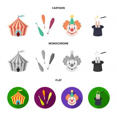 Sirk çadırı, hokkabaz maces, palyaço, sihirbaz şapka. Sirk küme toplama simgeler karikatür, düz, tek renkli stil vektör simge stok çizim web.